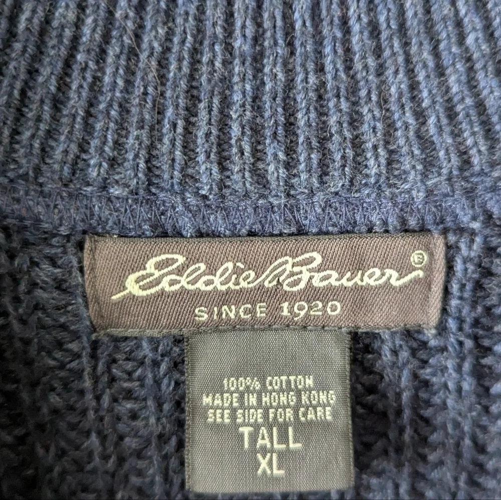 Vintage 90s Eddie Bauer Navy Blue Shaker Stitch Henley Sweater Size XL TALL - Picture 3 of 7